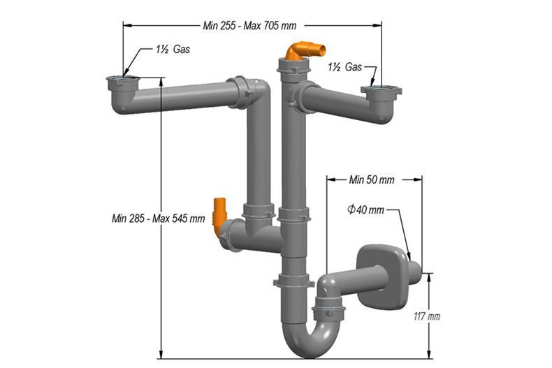 Standard Siphon für 2 Spülwannen - Max. 705mm - 2 Anschlusse Geschirrspuler 