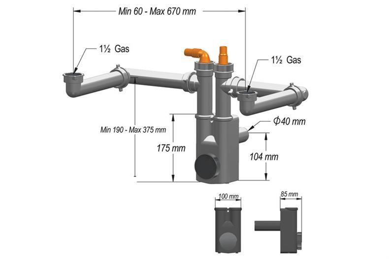 Reinigbare Siphon Fur 2 Spülwannen - Max. 705mm - 2 Anschlusse Geschirrspuler 